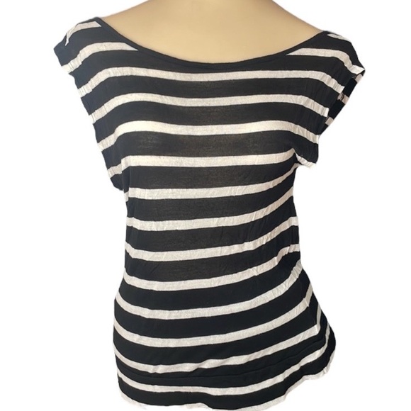 Zenana Outfitters Top  women’s Small black white stripes w/sheer back stripes - Picture 1 of 6